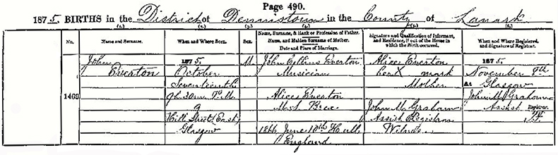 Birth Certificate of John Everton - 17 October 1875
