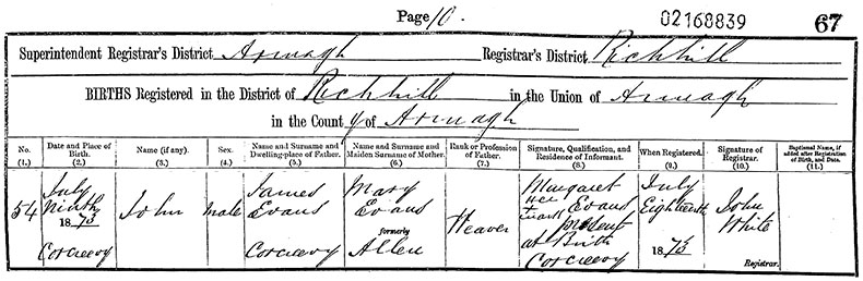 Birth Certificate of John Evans - 	9 July 1873