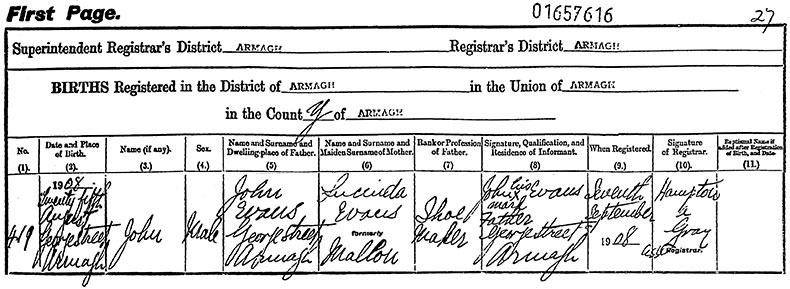 Birth Certificate of John Evans - 25 August 1908