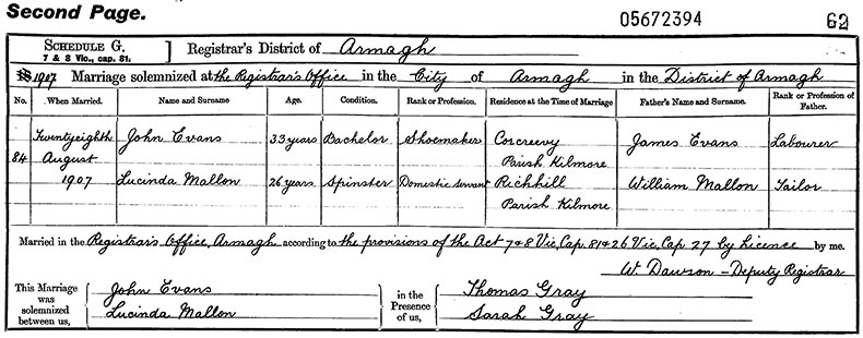 Marriage Certificate of John Evans and Lucinda Mallon - 28 August 1907