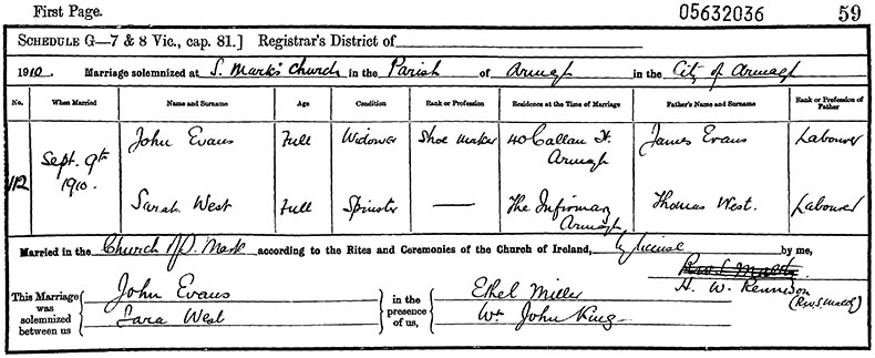 Marriage Certificate of John Evans and Sarah West - 9 September 1910
