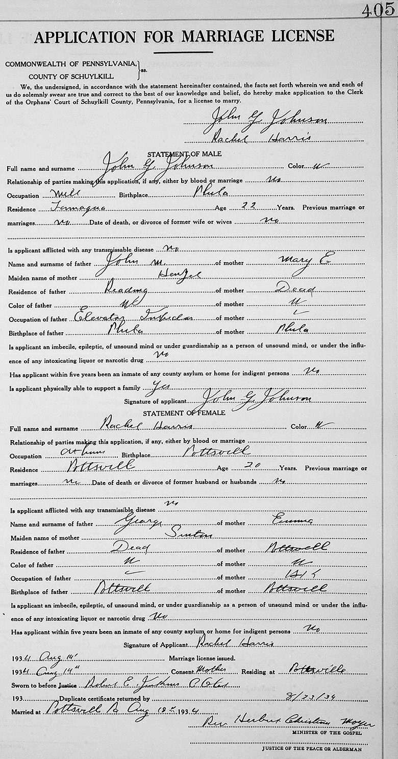 Marriage details of John G. Johnson and Rachael L. Harris - 14 August 1934