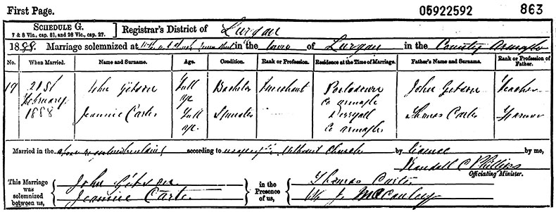 Marriage Certificate of John Gibson and Jennie Carter - 21 February 1888