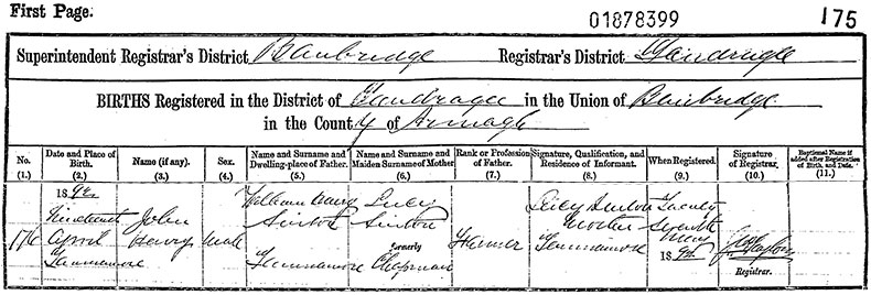 Birth Certificate of John Henry Sinton - 19 April 1892
