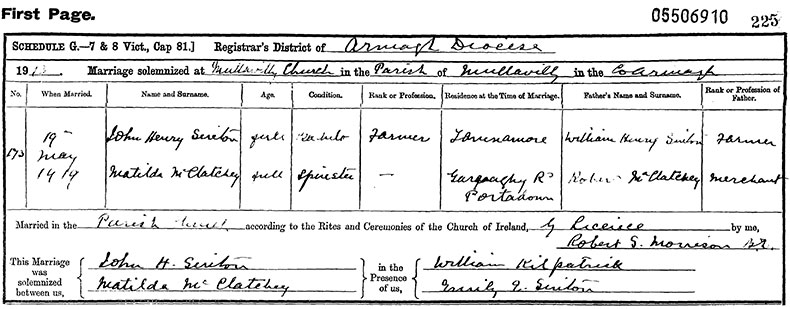 Marriage Certificate of John Henry Sinton and Matilda McClatchey - 19 May 1919