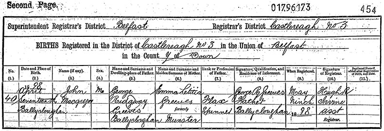 Birth Certificate of John MacGregor Greeves - 17 April 1898