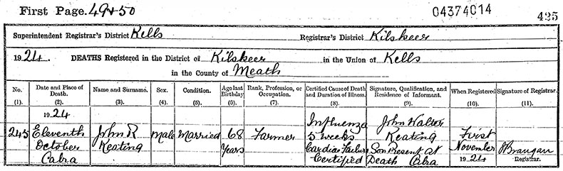Death Certificate of John Radcliffe Keating - 11 October 1924