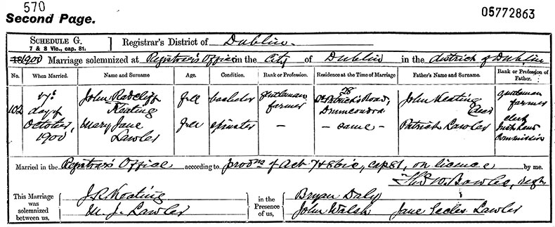 Marriage Certificate of John Radcliffe Keating and Mary Jane Lawler - 17 October 1900