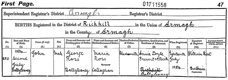 Birth Certificate of John Ross - 2 July 1904