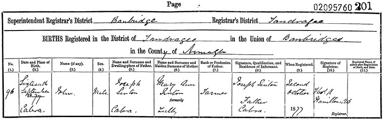 Birth Certificate of John Sinton - 16 September 1877
