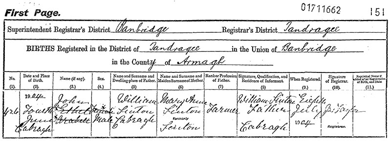 Birth Certificate of John Sinton - 4 June 1904