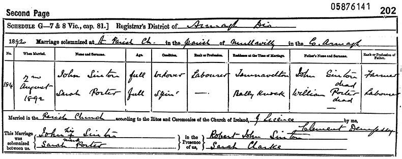 Marriage Certificate of John Sinton and Sarah Porter - 2 August 1892