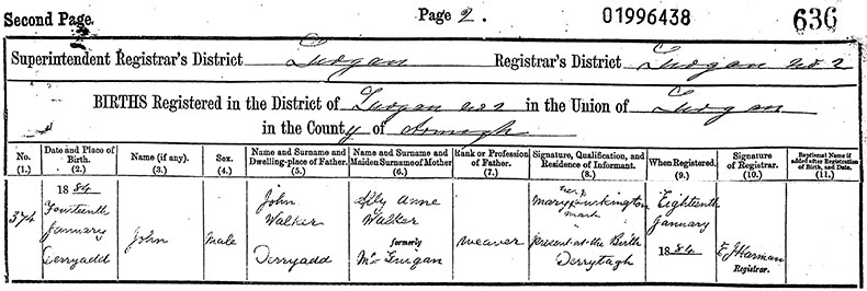 Birth Certificate of John Walker - 14 January 1884