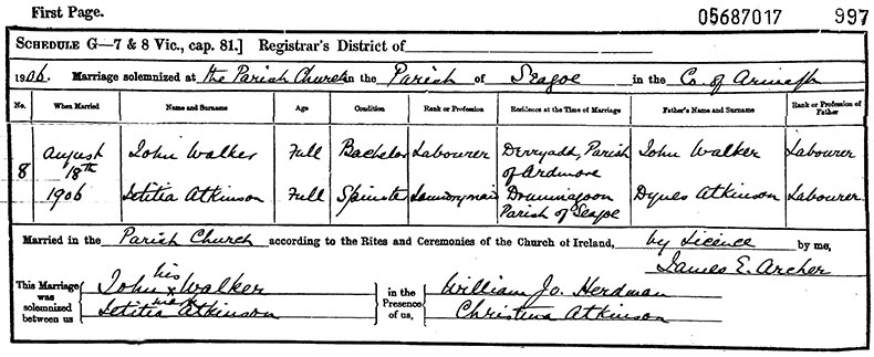 Marriage Certificate of John Walker and Letitia Atkinson - 18 August 1906