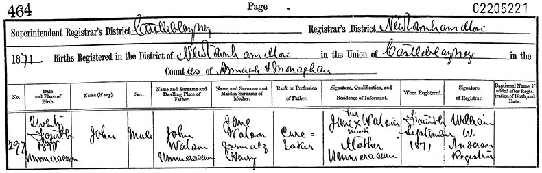 Birth Certificate of John Watson - 24 July 1871