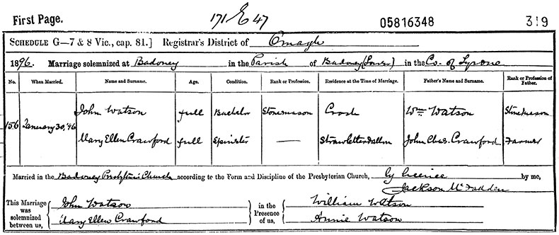 Marriage Certificate of John Watson and Mary Ellen Crawford - 30 January 1896