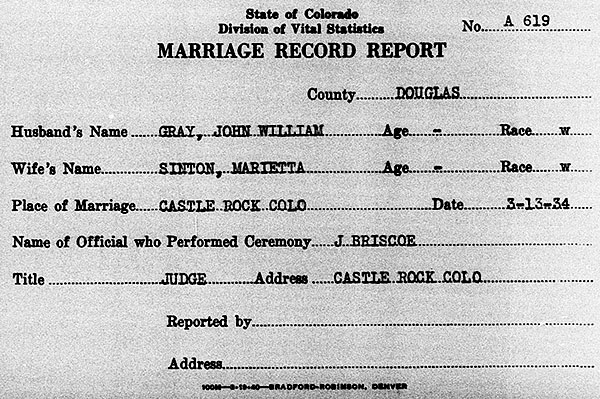 Marriage Record Report of John William Gray and Marietta Sinton