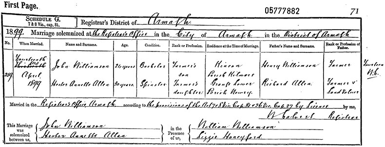 Marriage Certificate of John Williamson and Hester Annette Allen - 14 April 1899