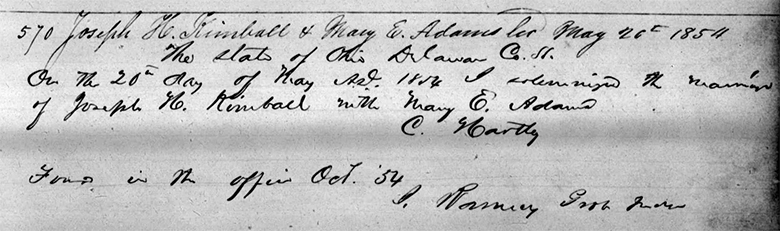 Marriage Registration of Joseph H. Kimball and Mary E. Adams - 20 May 1854