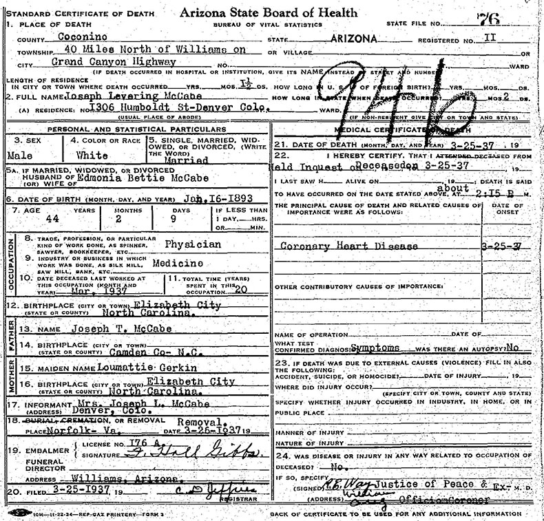 Death Certificate for Joseph Levering McCabe - 25 March 1937