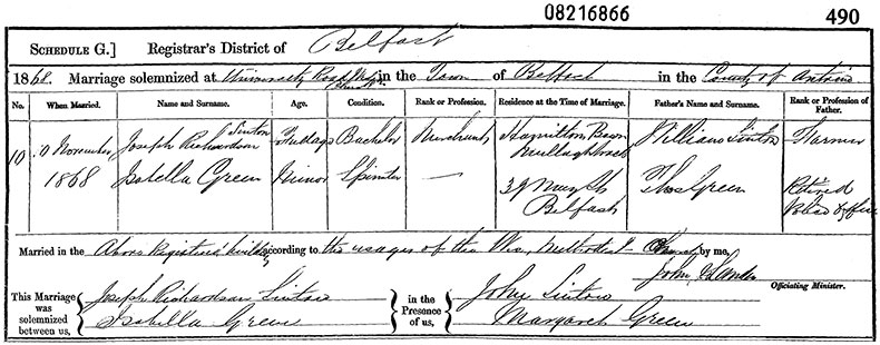 Marriage Certificate of Joseph Richardson Sinton and Isabella Green - 10 November 1868