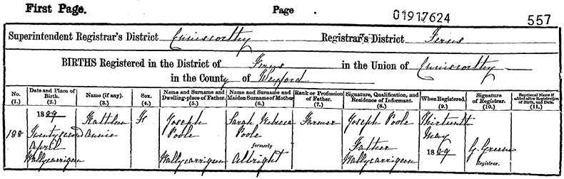Birth Certificate of Kathleen Anne Poole - 22 April 1889