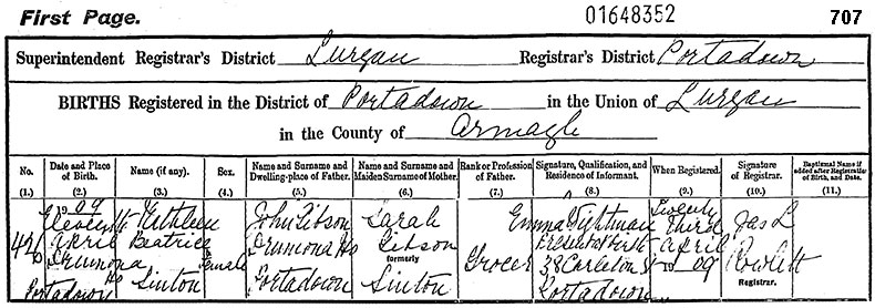 Birth Certificate of Kathleen Beatrice Sinton Gibson - 11 April 1909