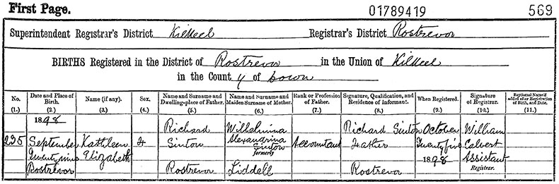 Birth Certificate of Kathleen Elizabeth Sinton - 29 September 1898