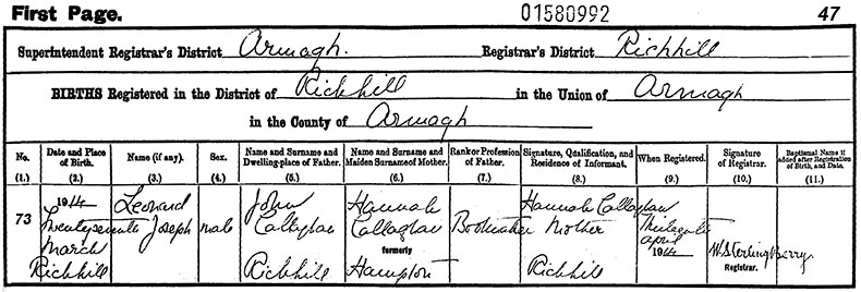 Birth Certificate of Leonard Joseph Callaghan - 27 March 1914