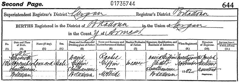 Birth Certificate of Leonard Giffin - 11 November 1902