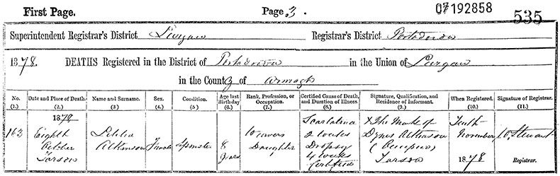 Death Certificate of Letitia Atkinson - 8 October 1878