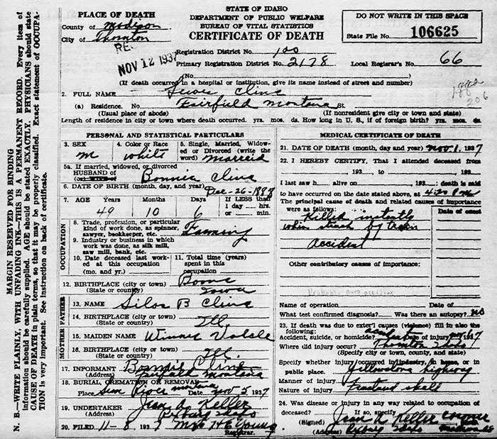 Death Certificate of Lewis Cline