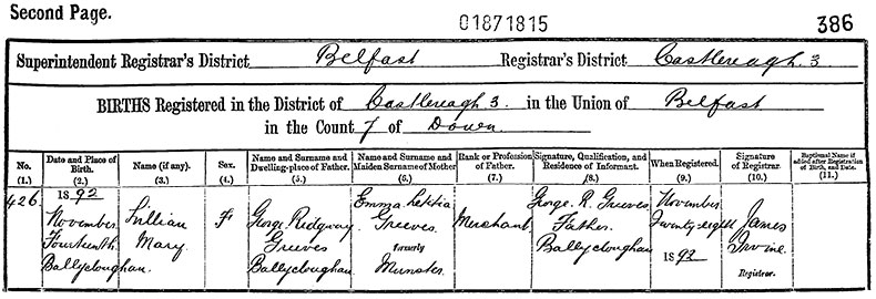 Birth Certificate of Lillian Mary Greeves - 14 November 1892
