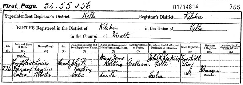 Birth Certificate of Louisa Caroline Alberta Keating - 21 February 1904