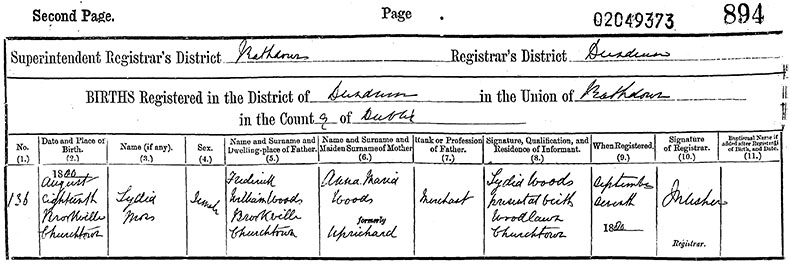 Birth Certificate of Lydia Moss Woods - 18 August 1880