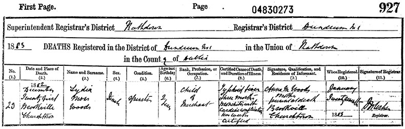 Death Certificate of Lydia Moss Woods - 21 December 1882