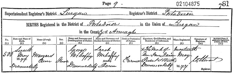 Birth Certificate of Margaret Ann Mehaffey - 7 May 1877