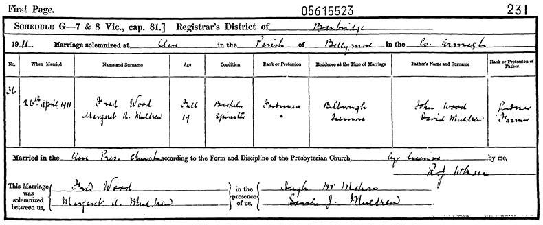 Marriage Certificate of Fred Wood and Margaret Ann Muldrew - 26 April 1911