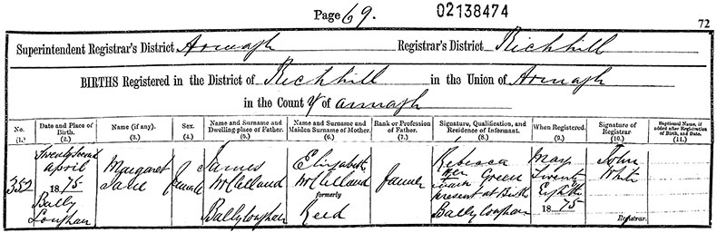 Birth Certificate of Margaret Jane McClelland - 22 April 1875