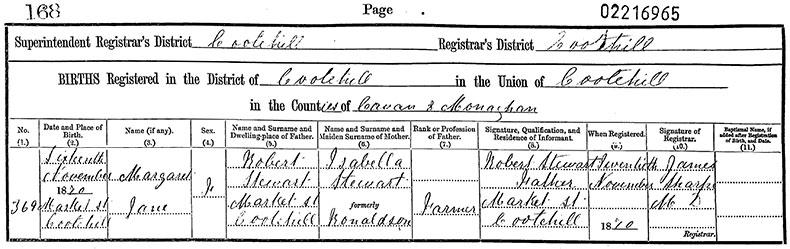 Birth Certificate of Margaret Jane Stewart - 16 November 1870