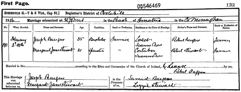 Marriage Certificate of Joseph Burgess and Margaret Jane Stewart - 3 February 1916