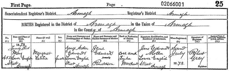 Birth Certificate of Margaret Letitia Edwards - 23 May 1879