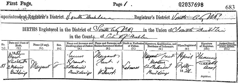 Birth Certificate of Margaret Maud Grant - 19 March 1881
