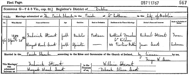Marriage Certificate of Frederick Stewart and Margaret Maud Grant - 20 April 1904