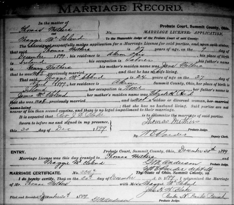 Marriage Certificate of Thomas Mathers and Margaret McClelland