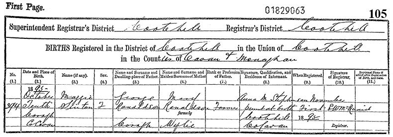 Birth Certificate of Margaret Sinton Ronaldsons - 10 October 1895