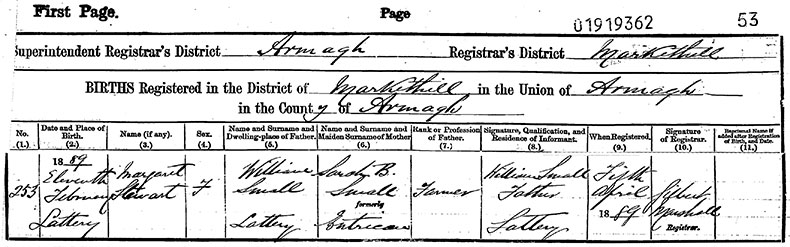 Birth Certificate of Margaret Stewart Small - 11 February 1889