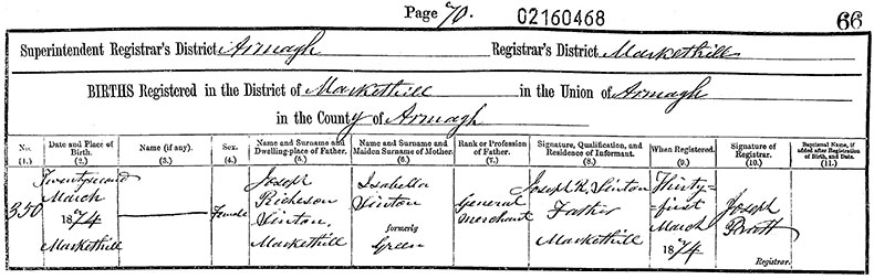 Birth Certificate of Margaretta Jane Sinton - 22 March 1874