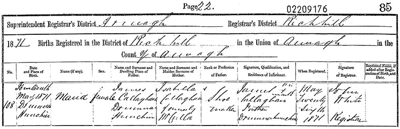 Birth Certificate of Maria Callaghan - 14 May 1871