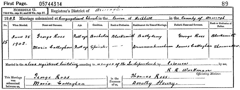 Marriage Certificate of Marriage Certificate of George Ross and Maria Callaghan - 25 June 1902